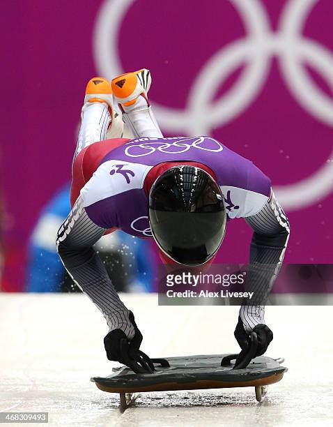 Tomass Dukurs of Latvia in action during a Men's Skeleton training session on Day 3 of the Sochi 2014 Winter Olympics at the Sanki Sliding Center on...