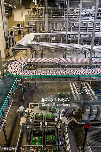 Cans of Tuborg Classic beer move along the production line at the Carlsberg A/S brewery in Fredericia, Denmark, on Sunday, Feb. 9, 2014. The...