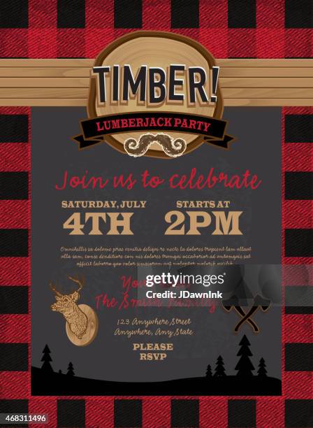 chalkboard and flannel lumberjack party invitation design template - lumberjack stock illustrations