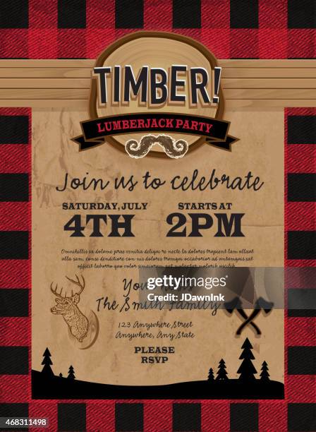 timber lumberjack party invitation design template - red plaid stock illustrations