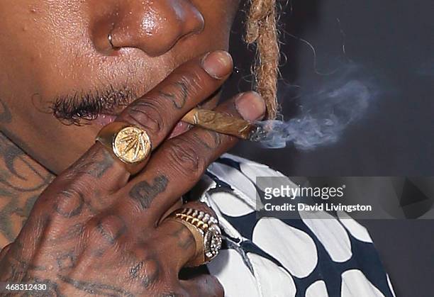 Rapper Wiz Khalifa, ring & tattoo detail, attends the exclusive "Furious 7" Takeover with musical performances from the official movie soundtrack...