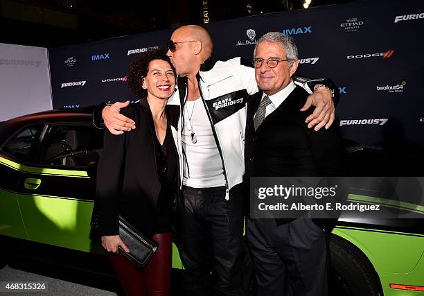 Universal Pictures Chairman Donna Langley, actor Vin Diesel and Ron Meyer, Vice Chairman of NBCUniversal attend Universal Pictures' "Furious 7"...