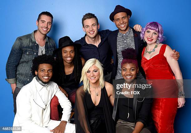 Top 8 contestants Quentin Alexander, Nick Fradiani, Qaasim Middleton, Jax, Clark Beckham, Rayvon Owen, Tyanna Jones and Joey Cook backstage at FOX's...