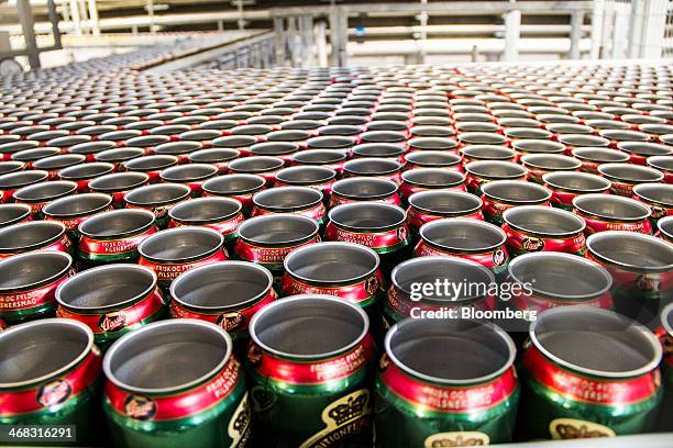 Lidless and empty Tuborg Classic beer cans move along the production line at the Carlsberg A/S brewery in Fredericia, Denmark, on Sunday, Feb. 9,...