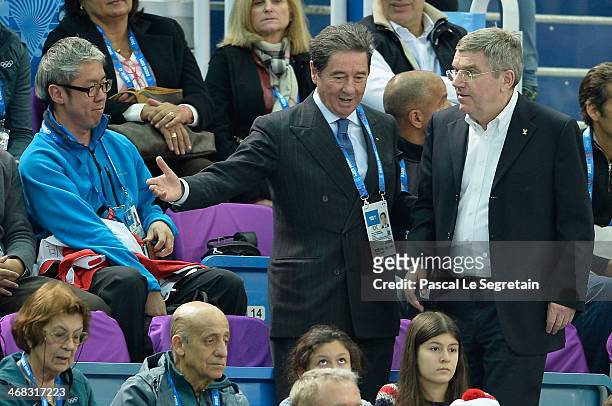 International Skating Union President Ottavio Cinquanta and International Olympic Committee President Thomas Bach attend the Short Track on day 3 of...