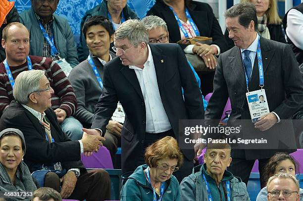 King Constantine of Greece shakes hands with International Olympic Committee President Thomas Bach as International Skating Union President Ottavio...