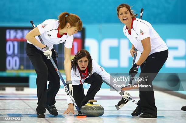 Eve Muirhead of Great Britain in action during the round robin match against Sweden during day 3 of the Sochi 2014 Winter Olympics at Ice Cube...