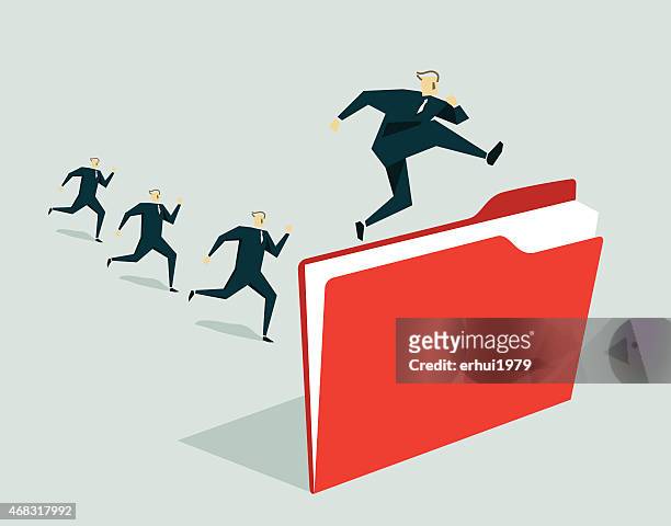 illustration of office workers running and jumping over file - administrative professional stock illustrations