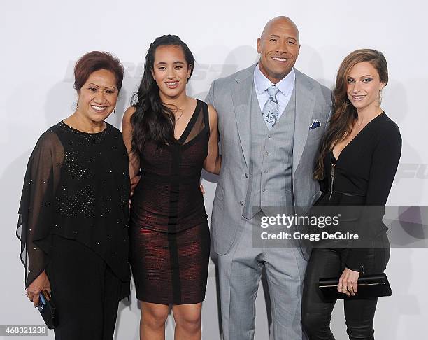 Actor Dwayne Johnson, mom Ata Johnson, daughter Simone Alexandra Johnson and Lauren Hashian arrive at the Los Angeles premiere of "Furious 7" at TCL...