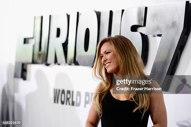Actress Ronda Rousey arrives at Universal Pictures Premiere of 'Furious 7'' at the TLC Chinese Theatre, Hollywood, on April 1, 2015 in Los Angeles.CA