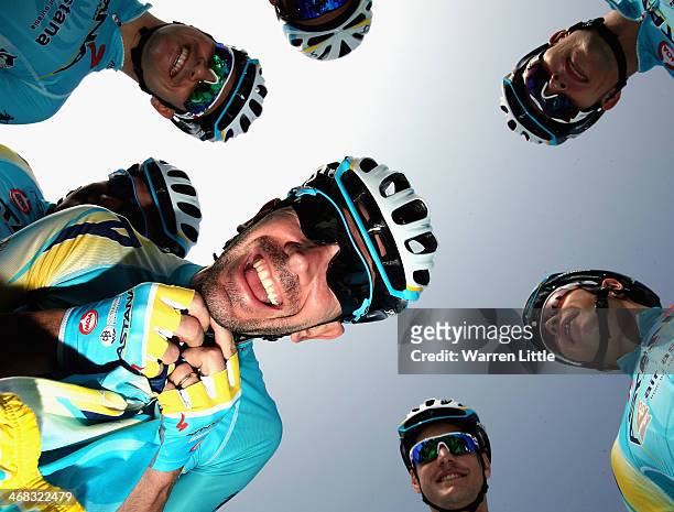 Vincenzo Nibali of Italy and Astana Pro Team poses for a picture with his team mates ahead of stage four of the 2014 Dubai Tour on February 8, 2014...