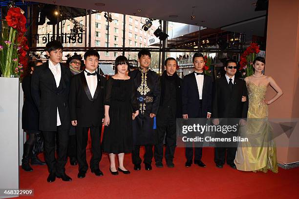 Qin Hao, unidentified person, Zhang Lei, Guo Xiaodong, director Lou Ye, Xuan Huang, Mu Huaipeng and Lu Huang attend the 'Blind Massage' premiere...