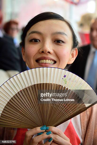 Actress Rila Fukushima visits the Japan exebition at the 'Ambiente 2014' on February 10, 2014 in Frankfurt am Main, Germany. Japan is the partner...
