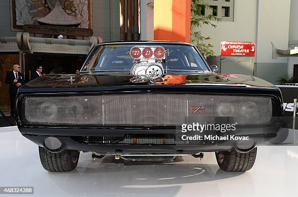 Dodge car from the film on display at the Furious 7 Los Angeles Premiere Sponsored by Dodge at TCL Chinese 6 Theatres on April 1, 2015 in Hollywood,...
