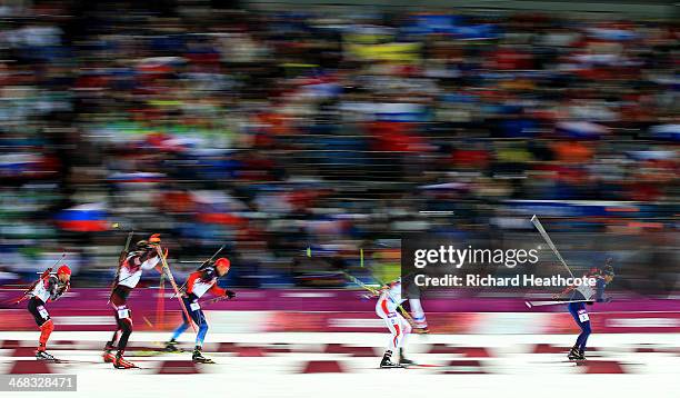 Ole Einar Bjoerndalen of Norway, Martin Fourcade of France, Anton Ahipulin of Russia, Dominik Landertinger of Austria and Jean-Philippe le Guellec of...