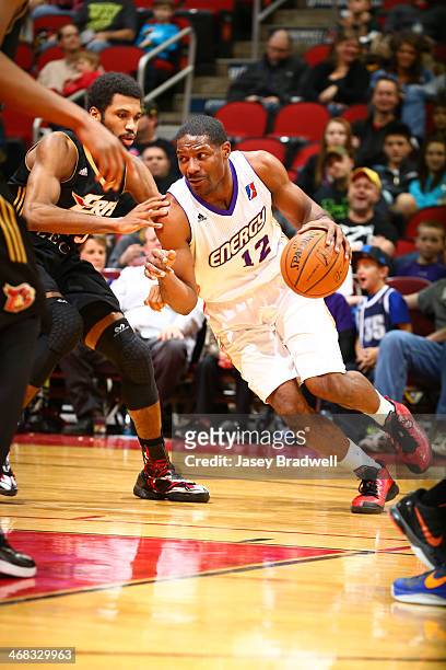 Othyus Jeffers of the Iowa Energy handles the ball against Scott Suggs of The Erie BayHawks in an NBA D-League game on February 8, 2014 at the Wells...