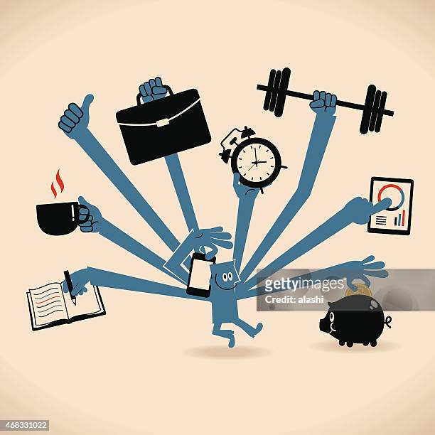 smiling business people (businessman) with multi tasking and skills - exercise book stock illustrations
