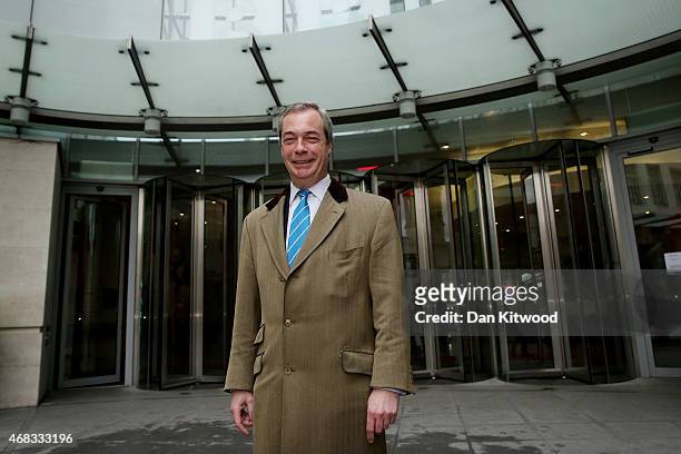 Party leader Nigel Farage leaves Broadcasting House after an interview on the BBC's Today Programme on radio 4 on April 2, 2015 in London, England....