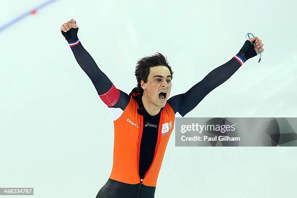Jan Smeekens of the Netherlands reacts after competing during the Men's 500 m Race 2 of 2 Speed Skating event during day 3 of the Sochi 2014 Winter...
