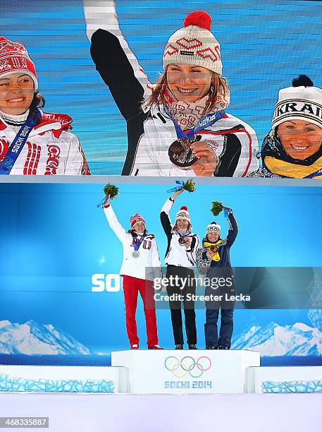 Silver medalist Olga Vilukhina of Russia, gold medalist Anastasiya Kuzmina of Slovakia and bronze medalist Vita Semerenko of Ukraine celebrate during...