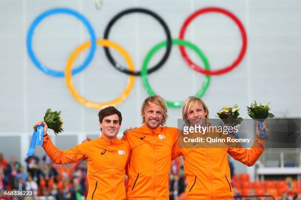 Silver medalist Jan Smeekens of the Netherlands, gold medallist Michel Mulder of the Netherlands and bronze medalist Ronald Mulder of the Netherlands...