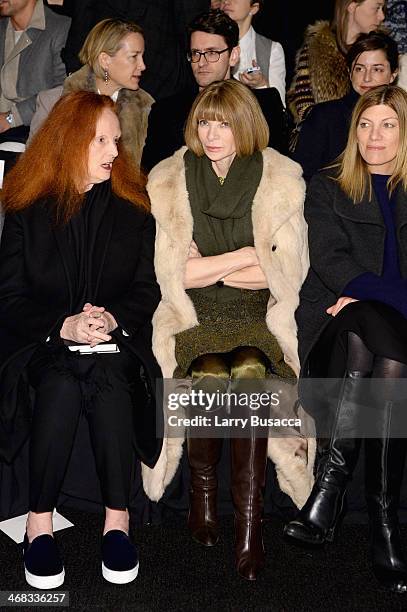 Grace Coddington, Anna Wintour and Victoria Smith attend the Carolina Herrera fashion show during Mercedes-Benz Fashion Week Fall 2014 at The Theatre...