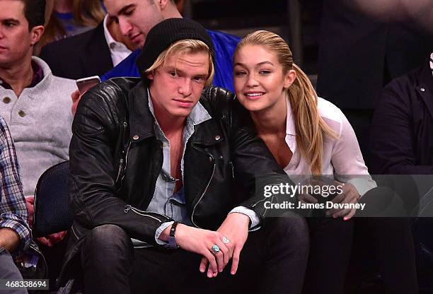 Cody Simpson and Gigi Hadid attend Brooklyn Nets vs New York Knicks game at Madison Square Garden on April 1, 2015 in New York City.