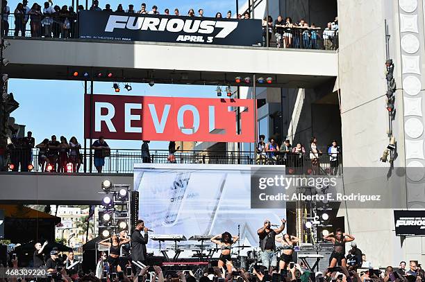 Rappers Sage the Gemini and Flo Rida perform at Revolt Live Hosts Exclusive "Furious 7" Takeover with Musical Performances From the Official Motion...