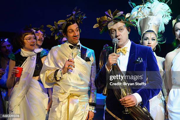 Cast members Joy Jenkins and The Gazillionaire look on as producer Ross Mollison speaks during the show's fourth anniversary party at Caesars Palace...