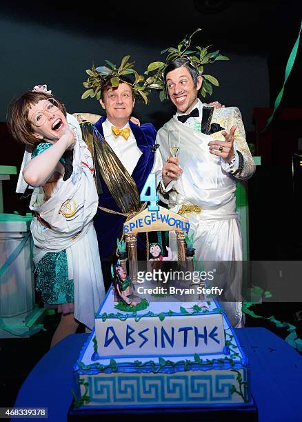 Cast member Joy Jenkins, producer Ross Mollison and cast member The Gazillionaire attend the show's fourth anniversary party at Caesars Palace on...