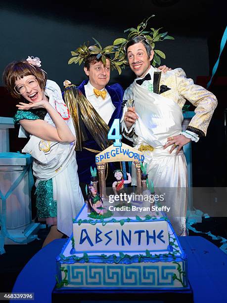 Cast member Joy Jenkins, producer Ross Mollison and cast member The Gazillionaire attend the show's fourth anniversary party at Caesars Palace on...