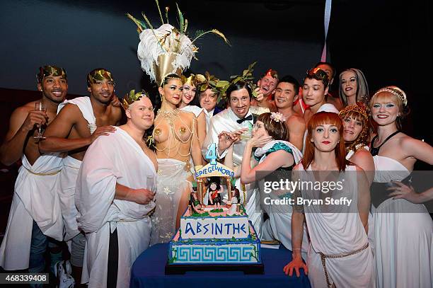 Cast member Melody Sweets, producer Ross Mollison, cast members The Gazillionaire and Joy Jenkins appear with ABSINTHE cast members during...