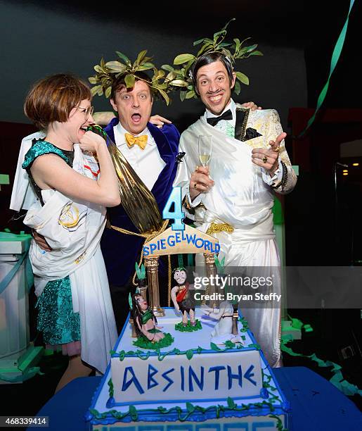 Cast member Joy Jenkins, producer Ross Mollison and cast member The Gazillionaire attend the show's fourth anniversary party at Caesars Palace on...