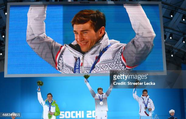 Silver medalist Peter Prevc of Slovenia, gold medalist Kamil Stoch of Poland and bronze medalist Anders Bardal of Norway celebrate during the medal...