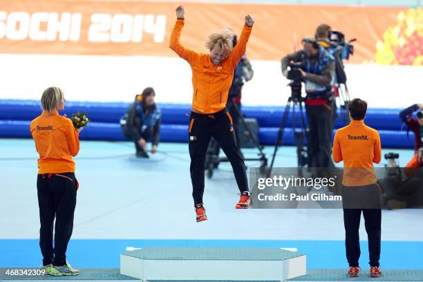 Bronze medalist Ronald Mulder of the Netherlands, gold medallist Michel Mulder of the Netherlands and Silver medalist Jan Smeekens of the Netherlands...