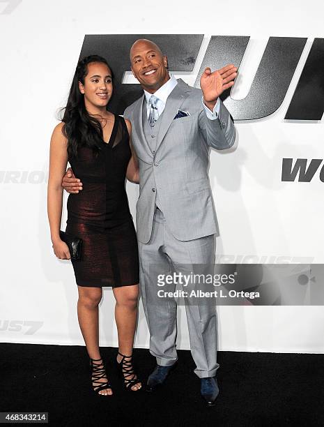 Actor Dwayne Johnson and daughter Simone Alexandra Johnson arrive for the Premiere Of Universal Pictures' "Furious 7" held at TCL Chinese Theatre on...
