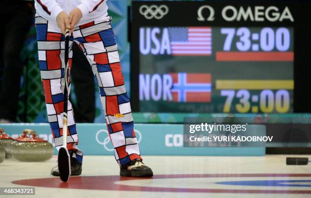 Norway's Christoffer Svae attends the men's curling round robin session 2 match between Norway and USA at the Ice Cube curling centre in Sochi on...