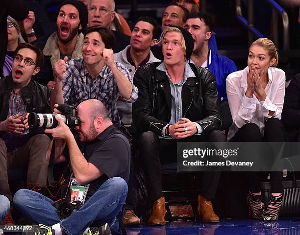 Christian Long, Justin Long, Cody Simpson and Gigi Hadid attend Brooklyn Nets vs New York Knicks game at Madison Square Garden on April 1, 2015 in...