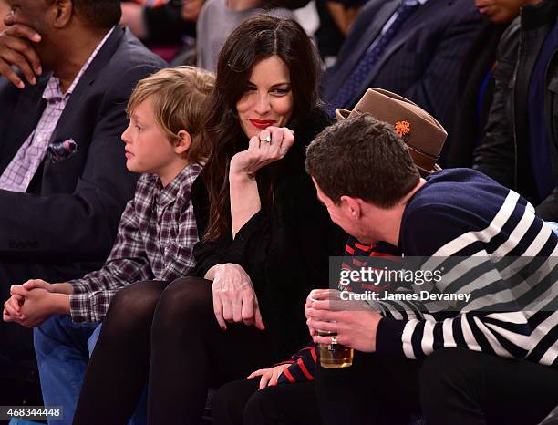 Milo Langdon, Liv Tyler, Grey Gardner and Dave Gardner attend Brooklyn Nets vs New York Knicks game at Madison Square Garden on April 1, 2015 in New...