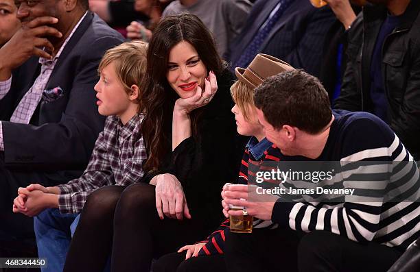 Milo Langdon, Liv Tyler, Grey Gardner and Dave Gardner attend Brooklyn Nets vs New York Knicks game at Madison Square Garden on April 1, 2015 in New...