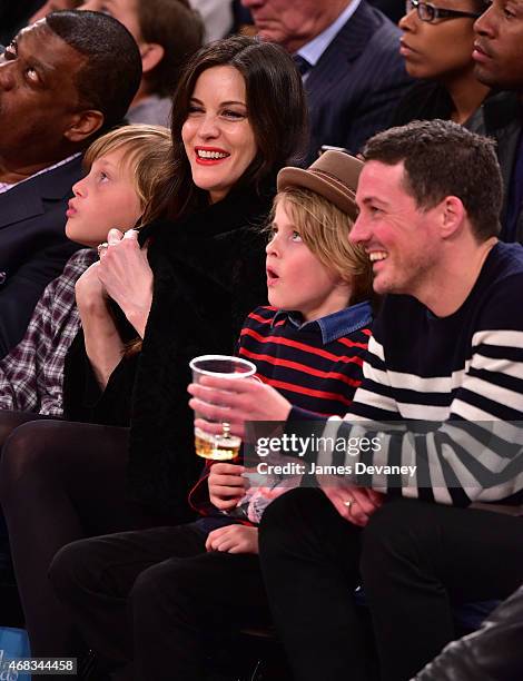 Milo Langdon, Liv Tyler, Grey Gardner and Dave Gardner attend Brooklyn Nets vs New York Knicks game at Madison Square Garden on April 1, 2015 in New...