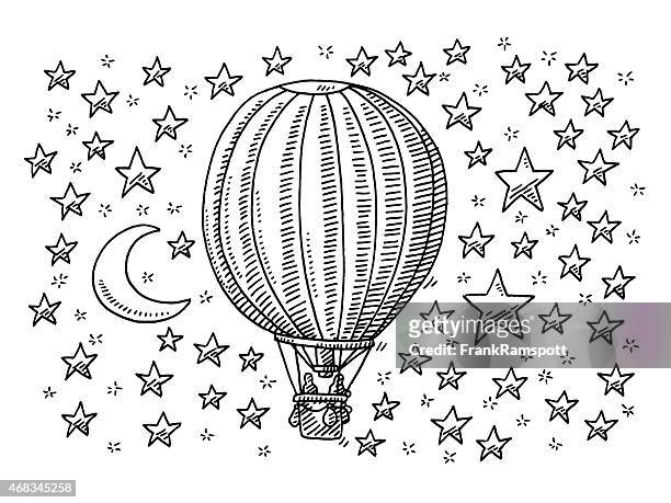 illustrazioni stock, clip art, cartoni animati e icone di tendenza di mongolfiera volare la luna e le stelle di disegno - air travel