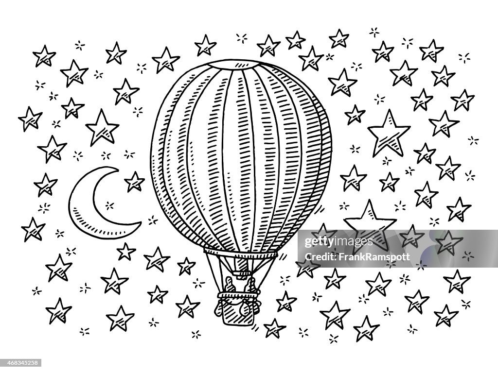 Hot Air Balloon Flying To The Moon And Stars Drawing