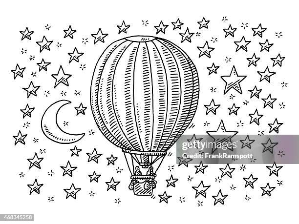hot air balloon flying to the moon and stars drawing - moon phases white background stock illustrations