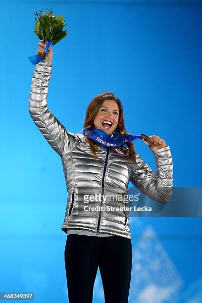 Bronze medalist Julia Mancuso of the United States celebrates during the medal ceremony for the Alpine Skiing Women's Super Combined on day 3 of the...