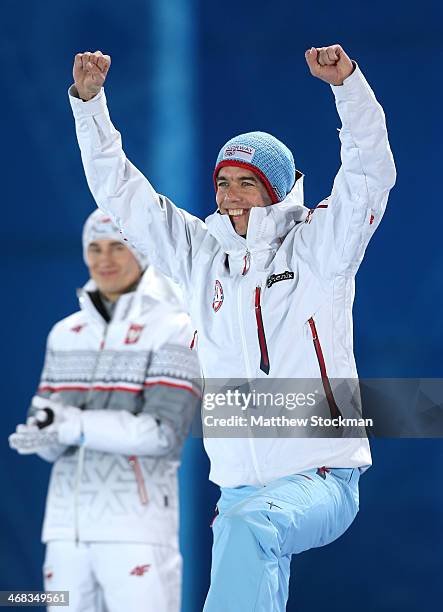 Bronze medalist Anders Bardal of Norway celebrates during the medal ceremony for the Men's Ski Jump Normal Hill Individual Final on day 3 of the...