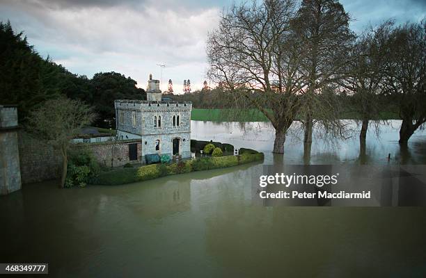 Royal Lodge in the grounds of Windsor Castle is surrounded by flood water after The river Thames burst it's banks on February 10, 2014 in Datchet,...