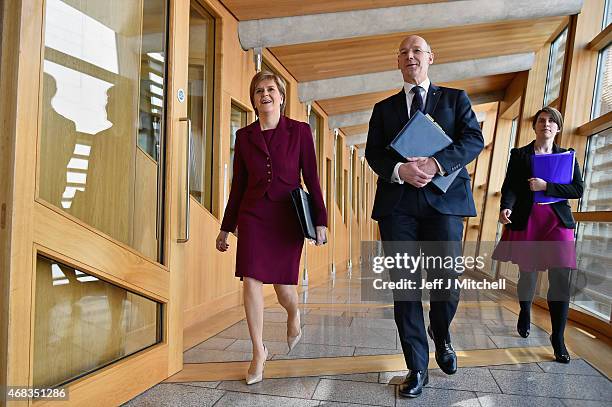 First Minister Nicola Sturgeon and Deputy Frist Minister John Swinney attend First Ministers Questions at the Scottish Parliament on April 2, 2015 in...