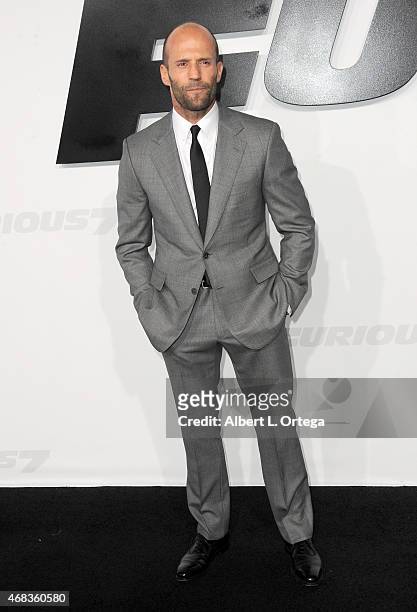 Actor Jason Statham arrives for the Premiere Of Universal Pictures' "Furious 7" held at TCL Chinese Theatre on April 1, 2015 in Hollywood, California.