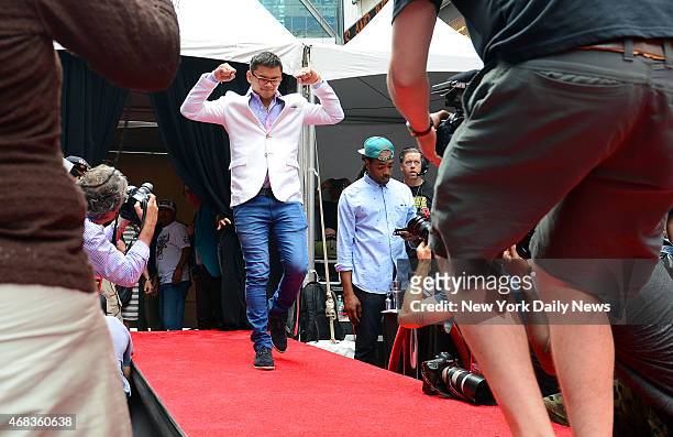 Marcos "El Chino" Maidana enters when he and Floyd "Money" Mayweather hosted a Times Square press conference in New York City to officially announce...